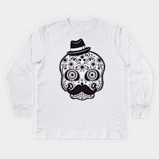 The Artistic of Skull with Moustache n Black Hat Illustration Kids Long Sleeve T-Shirt